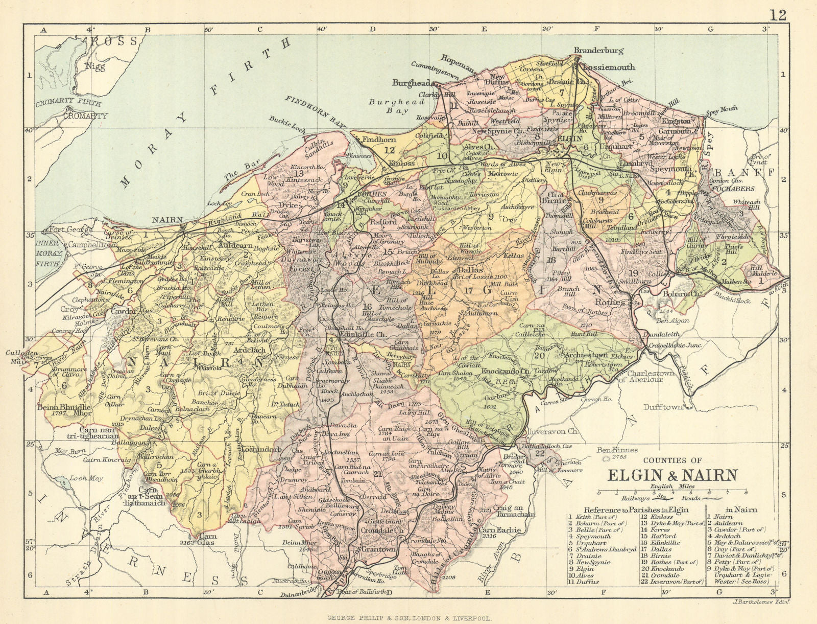 'Counties of Elgin & Nairn'. Elginshire & Nairnshire. BARTHOLOMEW 1886 old map